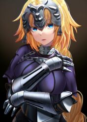  armor armored_dress blonde_hair blue_eyes braid breasts chains fate/apocrypha fate_(series) faulds female gakuon_(gakuto) gauntlets headpiece highres jeanne_d&#039;arc_(fate) jeanne_d&#039;arc_(ruler)_(fate) large_breasts long_braid long_hair looking_at_viewer open_mouth plackart single_braid solo very_long_hair 