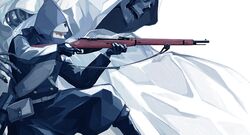  black_footwear boots cloak commentary_request covered_mouth forehead_protector golden_kamuy grey_hair gun headband hood long_sleeves mask on_one_knee sei_8220 shotgun skeleton vasily_(golden_kamuy) weapon 