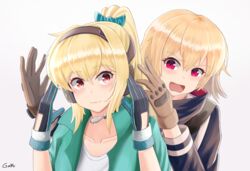  2girls artist_name blonde_hair bow cosplay ear_protection gamryous girls&#039;_frontline gloves green_hairband hairband hairbow highres holding iris_(material_sniper) jacket long_hair material_sniper multicolored_clothes multicolored_gloves multiple_girls ponytail red_eyes scw_(girls&#039;_frontline) smile sv-98_(girls&#039;_frontline) 