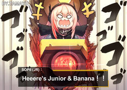  absurdres banana_(girls&#039;_frontline) black_gloves black_jacket commentary english_text female girls&#039;_frontline gloves headgear here&#039;s_johnny!_(meme) highres jacket long_hair long_sleeves m4_sopmod_ii_jr meme multicolored_hair non-humanoid_robot open_mouth parody pink_hair red_hair robot sharp_teeth tama_yu teeth the_shining two-tone_hair wide_oval_eyes 