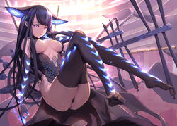  ass backlighting bare_shoulders black_dress black_gloves black_headwear black_thighhighs blue_eyes blunt_bangs blush breasts center_opening crossed_legs dress elbow_gloves fate/grand_order fate_(series) feet female flute gloves hair_ornament highres instrument large_breasts leaf_hair_ornament leaning_back legs long_hair looking_at_viewer pipa_(instrument) purple_hair side_slit soles solo tenshin_kagehisa thighhighs thighs toes very_long_hair yang_guifei_(fate) yang_guifei_(third_ascension)_(fate) 