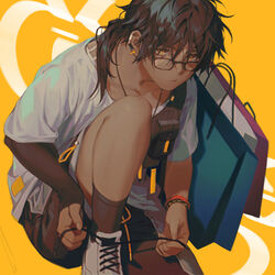  1boy arknights bag bishounen black-framed_eyewear black_shorts black_socks bracelet closed_mouth dark-skinned_male dark_skin ear_piercing earclip glasses hair_between_eyes jewelry looking_at_viewer male_focus manjyufroth piercing ponytail shirt shopping_bag shorts simple_background sitting socks solo thorns_(arknights) thorns_(comodo)_(arknights) tying_footwear white_footwear white_shirt yellow_eyes 