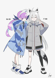  2girls absurdres ahoge alternate_costume anchor_symbol animal_ear_fluff animal_ears black_thighhighs blue_hair camouflage_hoodie closed_eyes commentary_request fami_(yellow_skies) fox_ears fox_tail full_body grey_background grey_hair grin hand_on_another&#039;s_shoulder highres hololive hood hoodie long_hair long_sleeves looking_at_viewer maid_headdress minato_aqua multicolored_hair multiple_girls purple_eyes purple_hair shirakami_fubuki signature simple_background single_thighhigh smile standing tail thigh_strap thighhighs two-tone_hair v virtual_youtuber 