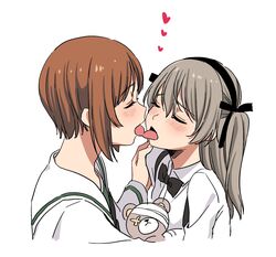  2girls bandages black_bow black_bowtie black_ribbon blush boko_(girls_und_panzer) bow bowtie brown_hair closed_eyes french_kiss girls_und_panzer hair_ribbon hand_on_another&#039;s_shoulder heart highres holding holding_stuffed_toy kissing light_brown_hair long_hair multiple_girls nishizumi_miho ooarai_school_uniform ribbon ruruepa school_uniform shimada_arisu shirt short_hair skirt stuffed_animal stuffed_toy suspender_skirt suspenders teddy_bear tongue tongue_out white_background white_shirt yuri 