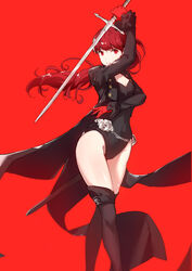  absurdres arm_up bare_hips black_coat black_footwear black_leotard boots breasts chains chinese_commentary cleavage coat commentary_request covered_navel female flower frilled_sleeves frills full_body gloves highres holding holding_sword holding_weapon leotard long_hair long_sleeves looking_at_viewer open_clothes open_coat parted_lips partial_commentary persona persona_5 persona_5_the_royal ponytail red_background red_eyes red_gloves red_hair rose sheath simple_background small_breasts smile solo standing sword thigh_boots thighhighs thighs weapon white_flower white_rose yoshizawa_kasumi yumuto_(spring1786) 