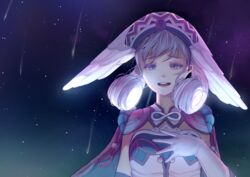  adirosa cape commentary english_commentary female hand_on_own_chest hat head_wings looking_at_viewer melia_antiqua night night_sky outdoors shooting_star sky solo star_(sky) starry_sky upper_body white_hair wings xenoblade_chronicles_(series) xenoblade_chronicles_1 