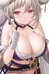  asamura_hiori azusa_(granblue_fantasy) azusa_(summer)_(granblue_fantasy) bare_shoulders bikini blush braid braided_ponytail breasts cleavage draph female granblue_fantasy highres horns huge_breasts long_hair looking_at_viewer navel official_alternate_costume official_alternate_hairstyle pointy_ears purple_bikini red_eyes solo swimsuit thighs very_long_hair white_hair 