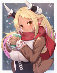  black_skirt blonde_hair blush breasts breath brown_eyes brown_jacket closed_mouth commentary cup dark-skinned_female dark_skin disposable_coffee_cup disposable_cup draph earrings female granblue_fantasy high-waist_skirt highres holding holding_cup horn_cover horn_warmers horns jacket jewelry kumbhira_(granblue_fantasy) large_breasts long_hair long_sleeves looking_at_viewer open_clothes open_jacket parted_bangs pointy_ears red_scarf scarf skirt sleeves_past_wrists smile solo uneg upper_body very_long_hair 