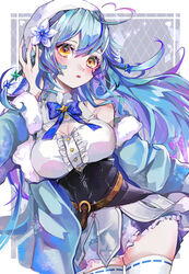  absurdres ahoge argyle_background belt beret blue_bow blue_bowtie blue_coat blue_hair blue_skirt blush bow bowtie breasts brown_belt cleavage cleavage_cutout clothing_cutout coat commentary corset cowboy_shot eyelashes female flower fur-trimmed_coat fur_trim grey_background hair_between_eyes hair_flower hair_ornament hand_in_own_hair hat heart heart_ahoge highres hololive large_breasts light_blue_hair long_hair looking_at_viewer mamiya_miya miniskirt multicolored_hair off_shoulder open_clothes open_coat open_mouth patterned_background pointy_ears purple_hair shirt skirt sleeveless sleeveless_shirt snowflake_print solo streaked_hair thighhighs thighs underbust virtual_youtuber white_hat white_shirt white_thighhighs yellow_eyes yukihana_lamy yukihana_lamy_(1st_costume) 