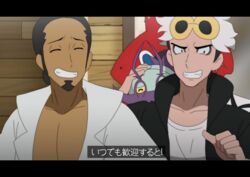  2boys black_hair black_jacket closed_eyes collarbone commentary dark-skinned_male dark_skin eyewear_on_head facial_hair fake_screenshot grin guzma_(pokemon) hand_up hood hooded_jacket jacket kukui_(pokemon) lab_coat letterboxed male_focus multicolored_hair multiple_boys noyeshr official_style pokemon pokemon_(anime) pokemon_(creature) pokemon_sm_(anime) rotom rotom_dex shirt smile subtitled sunglasses team_skull teeth translation_request two-tone_hair undercut upper_body white_hair white_shirt wimpod yellow-framed_eyewear 