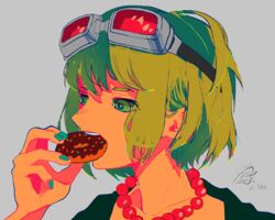  aqua_nails bead_necklace beads collarbone commentary_request dated donut_hole_(vocaloid) doughnut eating eyebrows female food food_in_mouth goggles goggles_on_head green_eyes green_hair green_shirt grey_background gumi hand_up highres holding holding_food jewelry looking_away mago_oowarawa nail_polish necklace portrait shirt short_hair signature simple_background solo teeth upper_teeth_only vocaloid 