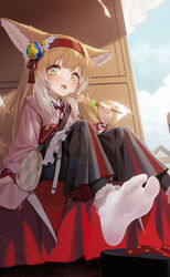  animal_ears apron arknights black_hakama blonde_hair chinese_commentary coin_purse commentary_request dango diestren fangs feet female flower food foot_out_of_frame fox_ears fox_girl fox_tail frilled_apron frills green_eyes hair_flower hair_ornament hairband hakama hakama_skirt highres japanese_clothes kimono kitsune kyuubi multiple_tails no_shoes official_alternate_costume okobo open_mouth partial_commentary pink_kimono red_hairband sandals sanshoku_dango skirt socks socks_over_pantyhose soles solo suzuran_(arknights) suzuran_(yukibare)_(arknights) tabi tail teeth toes wagashi waist_apron white_apron white_socks 