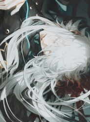  1boy asclepius_(fate) au_(d_elete) blood blood_in_hair closed_eyes closed_mouth colored_eyelashes commentary eyelashes fate/grand_order fate_(series) hair_between_eyes long_eyelashes long_hair male_focus short_sleeves signature solo symbol-only_commentary thick_eyelashes twitter_username upper_body white_hair 