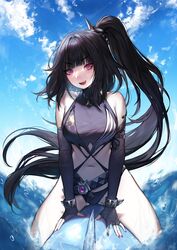  :d architect_(girls&#039;_frontline) architect_(nvw_model)_(girls&#039;_frontline) asymmetrical_gloves black_gloves black_hair blue_sky blunt_bangs commentary elbow_gloves female fingerless_gloves girls&#039;_frontline gloves highres long_hair looking_at_viewer navel oerba_yun_fang one-piece_swimsuit one_side_up open_mouth partially_fingerless_gloves purple_eyes sangvis_ferri sky smile solo straddling swimsuit teeth terupancake upper_teeth_only v-shaped_eyebrows very_long_hair water 