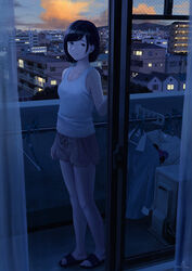  balcony black_eyes black_hair bob_cut city cloud collarbone curtains female full_body hand_up highres hill laundry laundry_pole looking_at_viewer original outdoors papi_(papiron100) power_lines sandals scenery shirt short_hair shorts signature sky sliding_doors smile solo sunset tank_top tree utility_pole window 