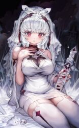  bare_shoulders breasts closed_mouth commentary dress female highres holding holding_sword holding_weapon large_breasts long_hair looking_at_viewer original red_eyes sleeveless solo sword symbol-only_commentary thighhighs veil voruvoru weapon white_dress white_hair white_thighhighs 