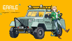  absurdres ahoge alternate_costume arknights blonde_hair boots brown_footwear car collared_shirt commentary_request denim english_text female full_body green_jacket hand_up headlight highres holding horns jacket jeans jeep_(company) jeep_wrangler juice_box leaning_against_vehicle license_plate long_sleeves looking_at_viewer motor_vehicle open_clothes open_jacket pants pointy_ears red_eyes shinnasuka025 shirt shirt_tucked_in short_hair solo standing standing_on_one_leg tail tire vanilla_(arknights) vehicle_focus wheel white_shirt windshield 