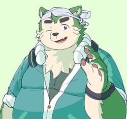  2023 absurd_res anthro bari_mu belly big_belly black_nose canid canine canis clothing domestic_cat domestic_dog electronics felid feline felis green_background green_body headphones headphones_around_neck hi_res humanoid_hands kemono lifewonders live_a_hero male mammal mokdai one_eye_closed overweight overweight_male portrait shirt simple_background solo topwear wink 