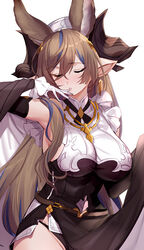  aki663 animal_ears bare_shoulders black_dress black_legwear blush breasts brown_hair closed_eyes detached_sleeves dress extra_ears female galleon_(granblue_fantasy) granblue_fantasy highres horns large_breasts long_hair long_sleeves parted_lips pointy_ears solo very_long_hair 