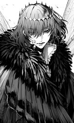  1boy :| alternate_hair_color arthropod_boy au_(d_elete) bishounen cape closed_mouth collared_shirt crown dark_persona diamond_hairband expressionless fate/grand_order fate_(series) fur_collar fur_trim greyscale highres insect_wings long_sleeves looking_at_viewer male_focus medium_hair monochrome oberon_(fate) oberon_(third_ascension)_(fate) official_alternate_costume shirt signature solo spoilers twitter_username upper_body wings 