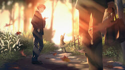  2boys :d absurdres arm_up autumn_leaves bad_id bad_pixiv_id bag black_footwear black_legwear black_pants blazer bookbag brown_hair female fence grass highres jacket kneehighs lens_flare macaronk multiple_boys open_mouth original outdoors pants scenery school_uniform skirt smile socks standing waving 