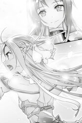  2girls asuna_(sao) asuna_(stacia) bare_shoulders braid bunbun closed_mouth detached_sleeves floating_hair greyscale hair_rollers highres holding holding_sword holding_weapon long_hair looking_at_viewer monochrome multiple_girls non-web_source novel_illustration official_art open_mouth profile radiant_light rapier shoulder_blades smile sword sword_art_online sword_art_online:_alicization sword_art_online:_alicization_-_war_of_underworld unsheathed upper_body very_long_hair weapon yuuki_(sao) 