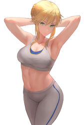  ahoge armpits arms_behind_head arms_up artoria_pendragon_(fate) artoria_pendragon_(lancer)_(fate) bare_shoulders blonde_hair braid breasts cleavage closed_mouth collarbone fate/grand_order fate_(series) female french_braid green_eyes grey_pants grey_sports_bra hair_between_eyes highres large_breasts long_hair looking_at_viewer navel otsukemono pants sidelocks simple_background solo sports_bra sweat swept_bangs thighs tight_clothes tight_pants underwear white_background yoga_pants 