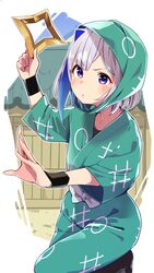  amane_kanata blue_eyes blue_hair blush bob_cut colored_inner_hair commentary cosplay female grey_hair highres holding holding_weapon hololive inadera_rantarou inadera_rantarou_(cosplay) leg_up looking_at_viewer multicolored_hair ninja purple_eyes rakudai_ninja_rantarou round_eyewear short_hair shuriken single_hair_intake solo streaked_hair virtual_youtuber weapon wristband yuyaiyaui 