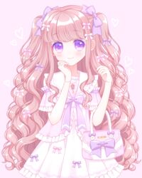  bag blush bow bracelet brown_hair closed_mouth commentary_request curly_hair dress female frilled_dress frilled_sailor_collar frills hairbow handbag hands_up heart heart_background highres himetsuki_luna jewelry long_hair necklace original pearl_bracelet pearl_necklace pink_bow pleated_dress purple_background purple_bow purple_eyes sailor_collar sailor_dress simple_background smile solo two_side_up very_long_hair white_dress white_sailor_collar 