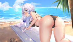  all_fours alternate_costume ass azur_lane beach bikini black_bikini blue_eyes breasts chahei day female from_behind illustrious_(azur_lane) large_breasts long_hair looking_at_viewer outdoors sand signature solo swimsuit water white_hair 