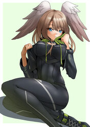  black_bodysuit black_choker black_jacket blue_eyes bodysuit breast_tattoo breasts choker cleavage crossed_legs deekei eunie_(xenoblade) female head_wings highres holding holding_clothes holding_hoodie holding_jacket hood jacket large_breasts long_hair long_sleeves looking_at_viewer open_clothes open_jacket solo tattoo thick_thighs thighs white_wings wings xenoblade_chronicles_(series) xenoblade_chronicles_3 