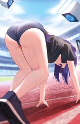  absurdres ass ass_focus bare_legs bent_over black_shirt blue_archive blue_buruma blue_sky blurry blurry_background buruma cloud commentary day female gym_uniform halo highres legs mechanical_halo official_alternate_costume outdoors ponytail purple_eyes purple_hair rahy running_track shirt shoes sky sneakers solo sweat thighs track_and_field underbutt yuuka_(blue_archive) yuuka_(track)_(blue_archive) 