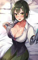  bed bed_sheet black_bra blush bra breasts cleavage collarbone collared_shirt commentary_request cyborg dress_shirt female green_eyes green_hair green_skirt hasumushi highres large_breasts looking_at_viewer oerba_yun_fang on_bed original pillow prosthesis prosthetic_arm prosthetic_fingers shirt short_hair short_sleeves sitting skin_fang skirt solo unbuttoned unbuttoned_shirt underwear undressing white_shirt 