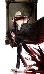  1boy arm_up barefoot black_hair black_jacket black_pants black_wings blood blood_on_feet blood_on_hands blood_splatter closed_mouth commentary demon_horns english_commentary feathered_wings formal frown full_body hand_in_pocket highres horns jacket kim_dokja long_sleeves looking_at_viewer male_focus necktie omniscient_reader&#039;s_viewpoint open_clothes open_jacket painting_(object) pants picture_frame portrait_(object) protected_link red_necktie short_hair simple_background ssssyoon standing suit suit_jacket white_background wings yoo_joonghyuk 