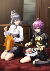  2girls alternate_costume bernadetta_von_varley black_footwear boots commentary fire_emblem fire_emblem:_three_houses fire_emblem_fates full_body garreg_mach_monastery_uniform highres knee_boots kneeling mario_(series) multiple_girls needle oboro_(fire_emblem) open_mouth piranha_plant seiza sewing sewing_needle sitting stitching sukkirito_(rangusan) wariza 