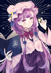  absurdres adapted_costume blue_background book braid crescent crescent_hat_ornament crescent_pin dress eyelashes female hair_ribbon hat hat_ornament highres jewelry mob_cap patchouli_knowledge purple_eyes ribbon ring smile solo star_(symbol) star_hat_ornament star_in_eye symbol_in_eye touhou twin_braids youtan 