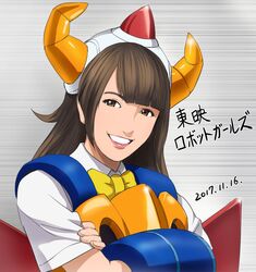  bow bowtie brown_eyes brown_hair cosplay crossed_arms female gai-chan gai-chan_(cosplay) gaiking gaiking:_legend_of_daikuu_maryuu gaiking_the_great haruyama_kazunori helmet horns long_hair looking_at_viewer mecha_musume real_life robot_girls_z simple_background smile solo takaoka_kaori teeth voice_actor 