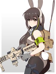  animal_ears armband ass assault_rifle backpack bag black_pantyhose black_scarf breasts brown_eyes brown_hair brown_leotard cowboy_shot fake_animal_ears fake_tail female girls&#039;_frontline glock gloves green_hair grey_gloves gun handgun highres holding holding_gun holding_weapon holster holstered leotard long_hair m4_carbine m4a1_(girls&#039;_frontline) mask medium_breasts multicolored_hair nontraditional_playboy_bunny pantyhose playboy_bunny rabbit_ears rabbit_tail raps_(yohomeboyraps) rifle scarf sidelocks skull_mask solo standing strapless strapless_leotard streaked_hair tactical_playboy_bunny tail thigh_holster thigh_strap weapon 