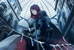  1boy armor bow_(weapon) cape closed_mouth commentary_request fate/grand_order fate_(series) fur_trim gloves hair_between_eyes long_hair looking_at_viewer male_focus red_hair sei_8220 tristan_(fate) weapon white_cape yellow_eyes 