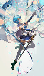  blue_eyes blue_hair boots cape ciloranko commentary female from_side full_body gloves highres magical_girl mahou_shoujo_madoka_magica mahou_shoujo_madoka_magica_(anime) miki_sayaka miki_sayaka_(magical_girl) short_hair skirt solo sword thighhighs water weapon white_gloves white_thighhighs 