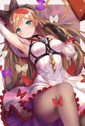  armpits black_gloves bow breasts chest_harness clarisse_(granblue_fantasy) clarisse_(soleil_blanc)_(granblue_fantasy) closed_mouth commentary_request female flower gloves granblue_fantasy green_eyes hair_flower hair_ornament hairbow harness highres long_hair looking_at_viewer lying medium_breasts mizuya_nao official_alternate_costume on_back orange_hair pantyhose purple_bow red_bow red_flower red_rose rose smile solo white_bow 