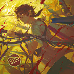  1boy arknights bag bishounen black_hair blood dark-skinned_male dark_skin earclip english_commentary glasses hair_between_eyes highres holding holding_bag holding_sword holding_weapon jewelry male_focus manjyufroth parted_lips ponytail road_sign shirt shopping_bag sign solo stop_sign sword tentacle thorns_(arknights) thorns_(comodo)_(arknights) traffic_light weapon 