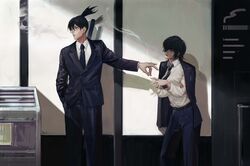  1boy absurdres belt black_belt black_hair black_jacket black_necktie black_pants black_suit blue_eyes chainsaw_man cigarette collared_shirt commentary dress_shirt ear_piercing eyepatch feet_out_of_frame female formal fox_shadow_puppet hand_in_pocket hayakawa_aki high_ponytail highres himeno_(chainsaw_man) holding holding_cigarette jacket jacket_on_shoulders long_sleeves looking_at_another looking_away nazgul_(5511474) necktie one_eye_covered pants piercing shirt short_hair smoke smoking standing suit topknot white_shirt 