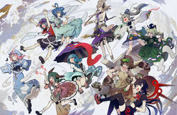  6+girls :d ;p animal animal_ears anklet aqua_dress arm_up arms_up bare_shoulders beige_shirt belt black_dress black_footwear black_hair black_panties black_skirt blue_eyes blue_footwear blue_hair blue_headwear blue_kimono blue_skirt blue_vest blush boots bottle bow bowtie bracelet breasts broom brown_eyes brown_hair brown_skirt bug butterfly center_frills closed_eyes closed_mouth collar detached_sleeves dress earmuffs flat_chest floating_hair floppy_sleeves flower flying frills full_body futatsuiwa_mamizou geta ghost_tail glasses green_dress green_eyes green_hair grey_background grey_eyes grey_hair hagoromo hair_between_eyes hair_ornament hair_rings hair_stick hand_on_another&#039;s_head hand_up hands_up hat hat_ornament hitodama hitodama_print holding holding_shawl holding_umbrella houjuu_nue japanese_clothes jewelry jiangshi juliet_sleeves jumping kaku_seiga karakasa_obake kariginu kasodani_kyouko kimono leaf leaf_on_head light_brown_hair long_hair long_sleeves looking_ahead looking_at_another looking_to_the_side medium_breasts medium_hair miyako_yoshika mob_cap mononobe_no_futo multiple_girls notepad obi ofuda one_eye_closed open_clothes open_mouth open_vest outstretched_arms panties pink_dress pink_flower pink_hair pointy_ears pointy_hair pom_pom_(clothes) ponytail puffy_short_sleeves puffy_sleeves purple_background purple_eyes purple_hair purple_ribbon purple_skirt purple_umbrella raccoon raccoon_ears raccoon_tail red_bow red_bowtie red_eyes red_footwear red_shirt ribbon ritual_baton running saigyouji_yuyuko sandals sash shawl shirt shoes short_hair short_sleeves simple_background skirt sleeveless sleeveless_shirt sleeves_past_fingers sleeves_past_wrists smile socks soga_no_tojiko standing star_(symbol) star_hat_ornament sword syuri22 tail tatara_kogasa ten_desires thighhighs tokkuri tongue tongue_out touhou toyosatomimi_no_miko triangular_headpiece umbrella underwear vest weapon white_background white_legwear white_shirt white_vest wide_sleeves wings wristband yellow_background yellow_shirt zombie_pose 