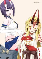  2girls alakoala blonde_hair cosplay fate/grand_order fate_(series) highres horns ibaraki_douji_(fate) kantai_collection kongou_(kancolle) kongou_(kancolle)_(cosplay) long_hair multiple_girls oni purple_hair shimakaze_(kancolle) shimakaze_(kancolle)_(cosplay) short_hair shuten_douji_(fate) touyama_nao voice_actor_connection 