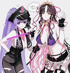  2girls bad_id bad_twitter_id bb_(fate) bb_(fate/extra) bb_(swimsuit_mooncancer)_(fate) bb_(swimsuit_mooncancer)_(fate)_(cosplay) bb_(swimsuit_mooncancer)_(second_ascension)_(fate) belt bikini bikini_under_clothes black_bikini black_garter_belt black_gloves black_pantyhose black_thighhighs breasts chaldea_logo chest_tattoo commentary cosplay costume_switch cowboy_shot earrings facial_mark fate/grand_order fate_(series) forehead_mark forehead_tattoo garter_belt gloves hat highres jewelry long_hair looking_at_viewer micro_shorts mudra multicolored_hair multiple_girls necktie pantyhose pink_necktie pith_u police_hat ponytail purple_bikini purple_eyes purple_hair sessyoin_kiara sessyoin_kiara_(swimsuit_mooncancer) sessyoin_kiara_(swimsuit_mooncancer)_(cosplay) sessyoin_kiara_(swimsuit_mooncancer)_(second_ascension) shorts star_(symbol) star_earrings streaked_hair studded_garter_belt swimsuit symbol-only_commentary tattoo thighhighs torn_clothes torn_pantyhose traffic_baton very_long_hair vitarka_mudra white_belt yellow_eyes 