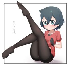  black_border black_eyes black_hair black_pantyhose blush border chis_(js60216) closed_mouth clothes_lift commentary female flying_sweatdrops frown highres kaban_(kemono_friends) kemono_friends leg_up legs lifting_own_clothes looking_at_viewer no_pants no_shoes outside_border pantyhose red_shirt shirt shirt_lift short_hair short_sleeves sitting solo sweatdrop thighband_pantyhose tights_day translated white_background 