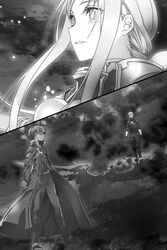  2boys alice_zuberg armor aura bunbun cape cloud cloudy_sky dark_aura energy extra_eyes female fingerless_gloves floating_hair flying full_body gabriel_miller gloves glowing greyscale highres kirito knight long_hair magic monochrome monster multiple_boys night_sky_sword non-web_source novel_illustration official_art pants parted_lips sheath sheathed shirt sidelocks sky split_screen subtilizer_(sao) sword sword_art_online sword_art_online:_alicization sword_art_online:_alicization_-_war_of_underworld sword_on_back weapon weapon_on_back wings 