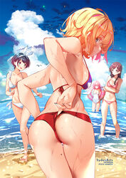  4girls artist_name ass bare_shoulders barefoot beach bikini bikini_pull black_hair blonde_hair blue_eyes blue_sky breasts brown_eyes brown_hair clothes_pull cloud collarbone crossed_arms day fanbox_username from_behind hair_ribbon innertube kanojo_okarishimasu long_hair looking_at_viewer looking_back medium_breasts mizuhara_chizuru mole mole_on_leg mole_on_thigh multiple_girls nail_polish nanami_mami navel ocean one-piece_swimsuit outdoors patreon_username pink_bikini pink_hair polka_dot polka_dot_bikini pulling_own_clothes red_bikini ribbon sakurasawa_sumi sarashina_ruka short_hair side-tie_bikini_bottom sky standing stomach swim_ring swimsuit sydus thigh_gap thighs wading water wet wet_clothes white_bikini white_one-piece_swimsuit white_ribbon 