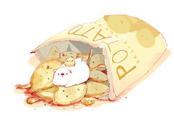  bag bag_of_chips bear bird chai_(drawingchisanne) chick chips_(food) food food_focus highres looking_at_viewer no_humans open_bag original polar_bear potato_chips simple_background sweets_bird undersized_animal white_background 